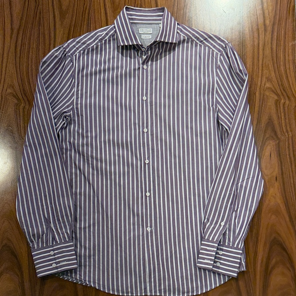 Brunello Cucinelli Men's Striped Dress Shirt in Purple and White